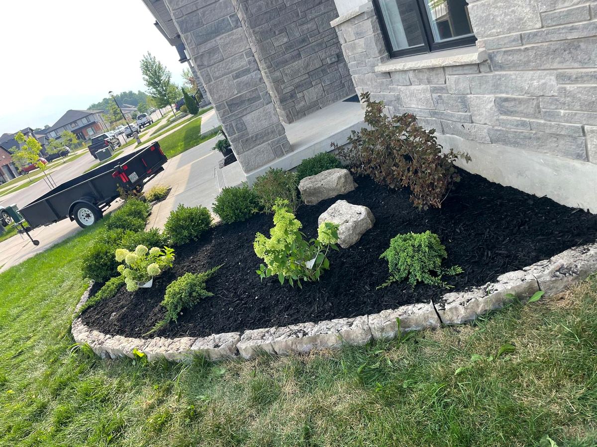Armour stone garden bed beside a front entrance